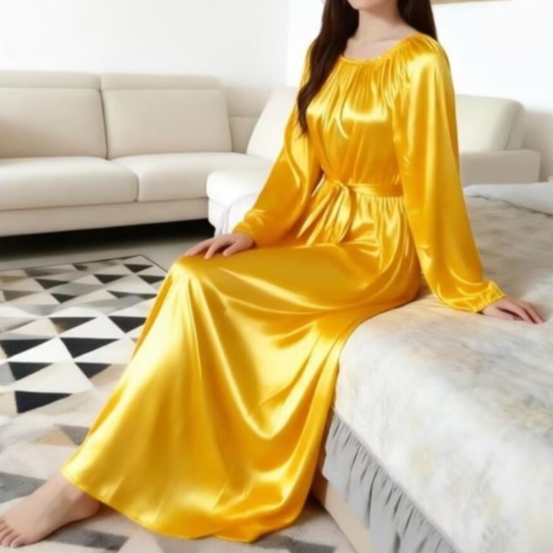 Robe Silk Women - روب نوم حريري لامع مع حزام،