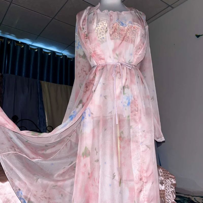 طقم ثوب نوم بحمالات شفاف مطبوع - مراجعة Robe Silk Women وسعره
